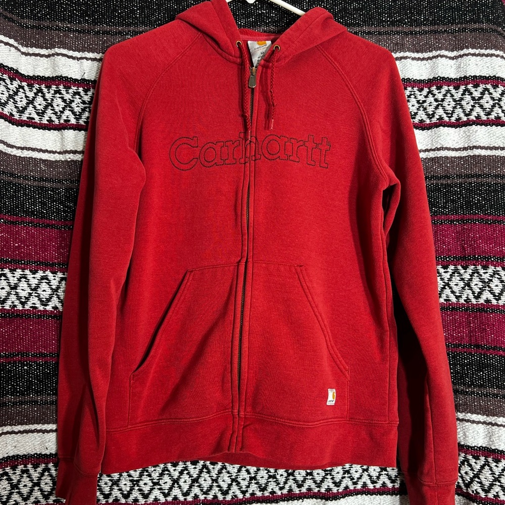 Vintage Carhartt Full Zip Sweatshirt Hoodie Red Spellout